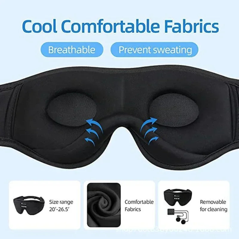 Sommeil Douceur                Masque de nuit 3D Bluetooth  Confort total avec musique intégrée. Haut-parleurs HD, écouteurs sans fil Bluetooth 5.0, idéal pour un sommeil profond, les voyages et la détente.