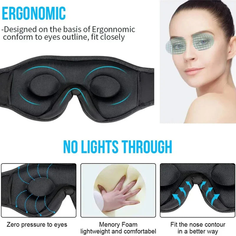 Sommeil Douceur                Masque de nuit 3D Bluetooth  Confort total avec musique intégrée. Haut-parleurs HD, écouteurs sans fil Bluetooth 5.0, idéal pour un sommeil profond, les voyages et la détente.